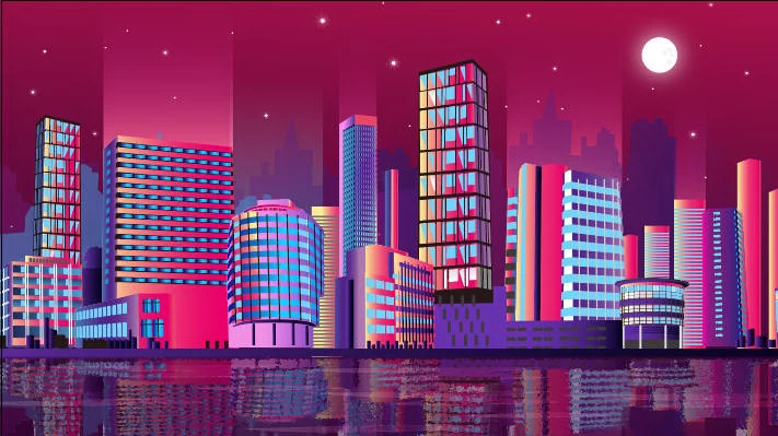 未来科技科幻霓虹灯渐变绚丽城市建筑夜景灯光插画AI/PSD设计素材100套【022】
